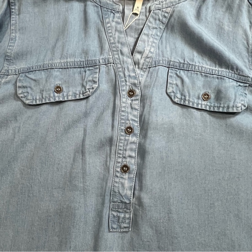 Hester & Orchard Women’s Shirt Tencel Button Slit Neck Blue Fringe Hem Small - Picture 15 of 16